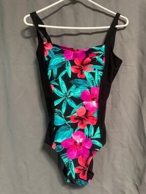 Beach Diva Womens Black One-Piece Swimsuit with Pink & Teal Floral Print